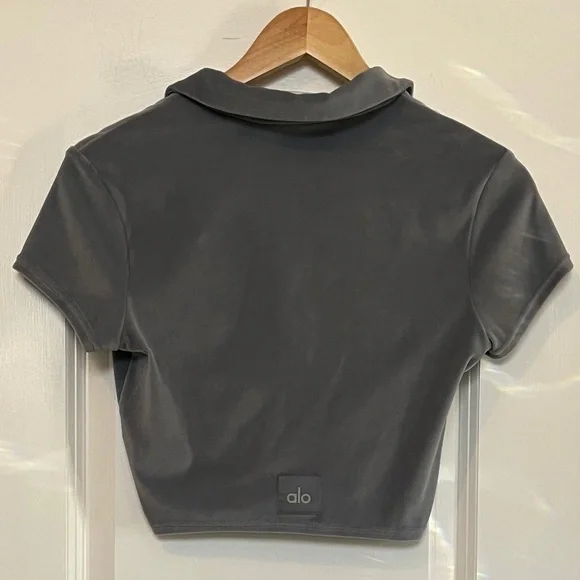 Alo Yoga✨Choice Velour Polo✨Short Sleeve Crop Henley✨Steel Blue✨Size S - Picture 7 of 10
